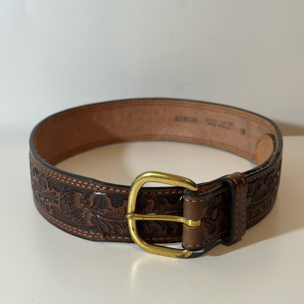 Texan Western Brown Cowhide Leather Belt Men’s 28 with Gold Buckle Embossed